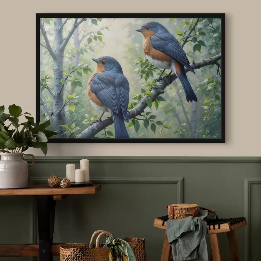 Fototapete Zwei blaue und orange Vögel sitzen auf einem Ast mit grünen Blättern im Hintergrund f40156