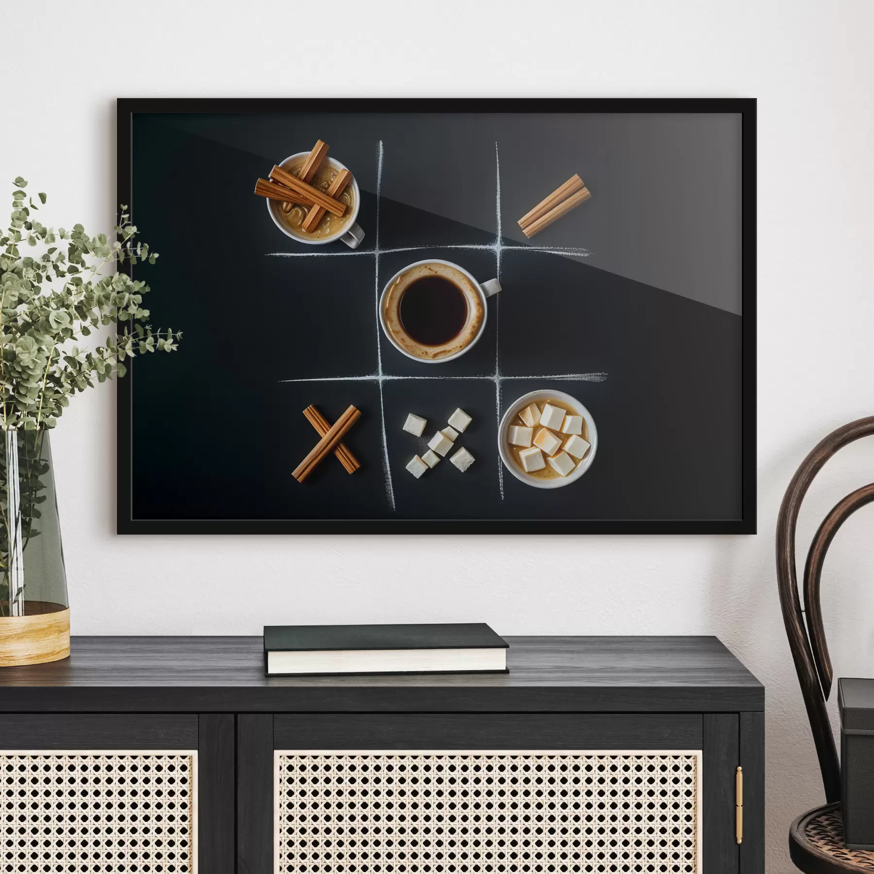 Fototapete Eine Tasse Kaffee mit Zimtstangen, Zuckerwürfeln und Marshmallows, angeordnet in einem Tic-Tac-Toe-Raster f40163