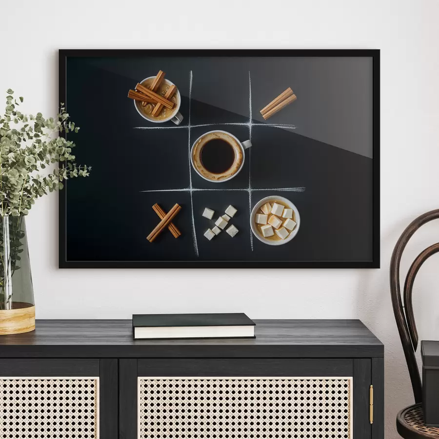 Fototapete Eine Tasse Kaffee mit Zimtstangen, Zuckerwürfeln und Marshmallows, angeordnet in einem Tic-Tac-Toe-Raster f40163