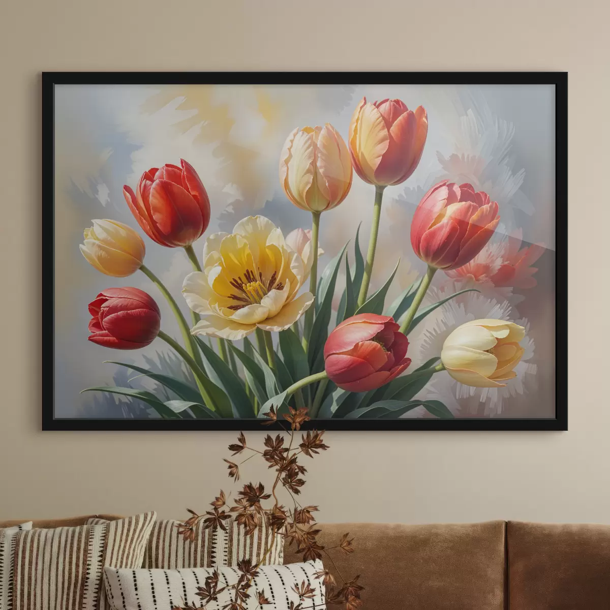 Poster Bunte Tulpen in verschiedenen Rot-, Orange- und Gelbtönen vor hellem Hintergrund f40167