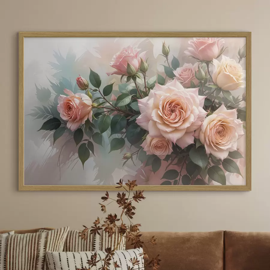 Fototapete Ein Strauß wunderschöner rosa Rosen mit grünen Blättern vor einem weichen, unscharfen Hintergrund f40168