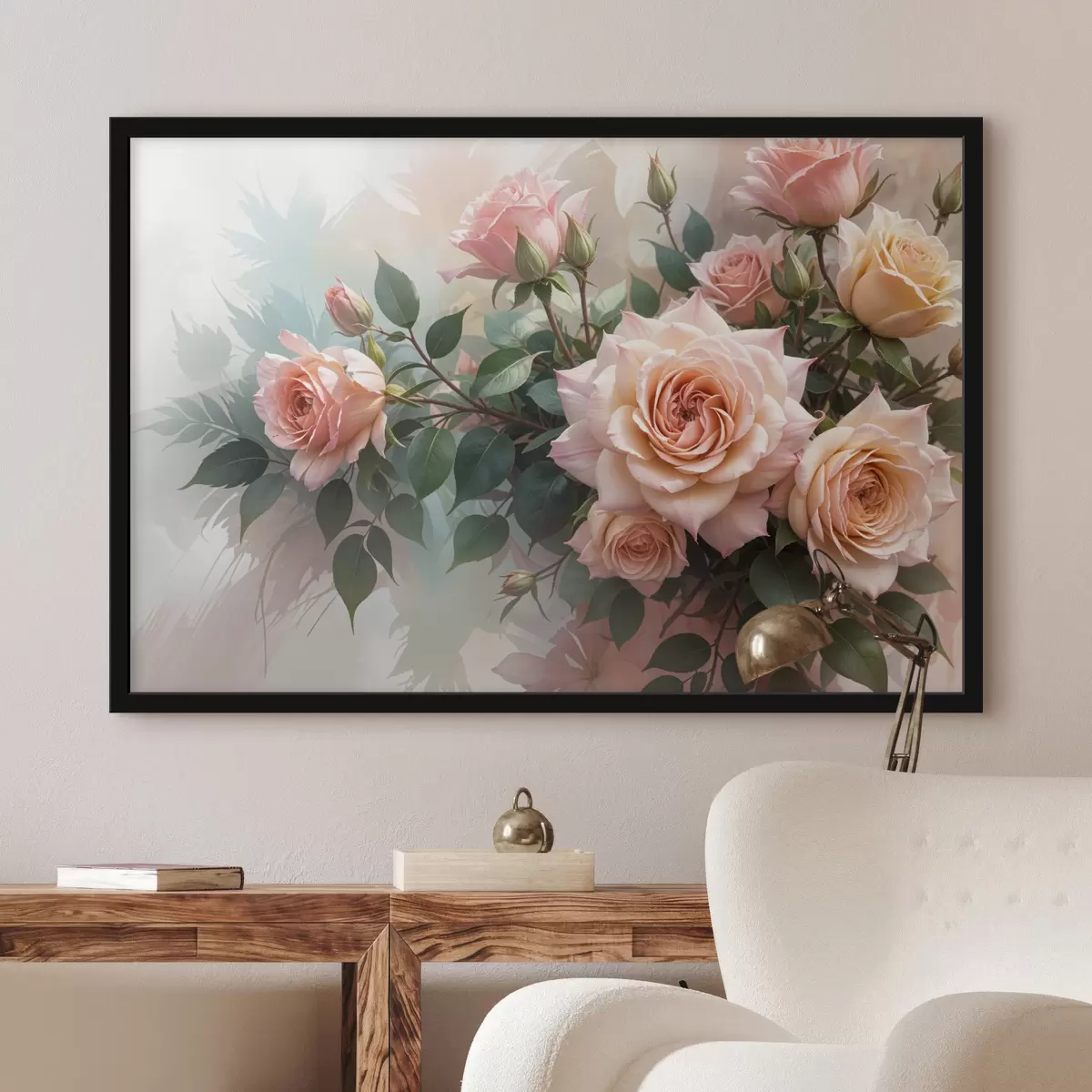 Poster Ein Strauß wunderschöner rosa Rosen mit grünen Blättern vor einem weichen, unscharfen Hintergrund f40168