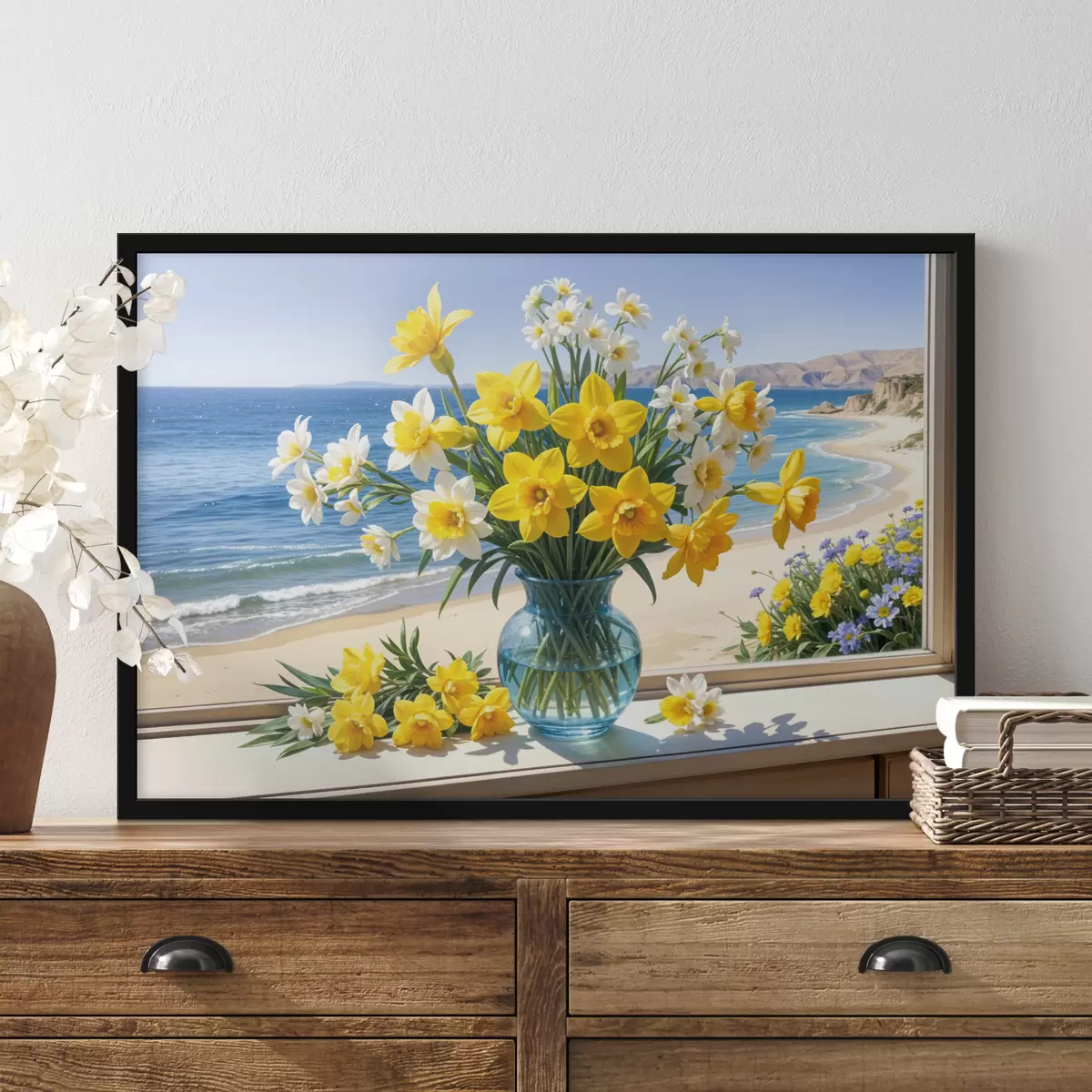 Poster Ein Strauß gelber Narzissen und weißer Gänseblümchen in einer Glasvase auf einer Fensterbank mit Blick auf Strand und Meer f40171