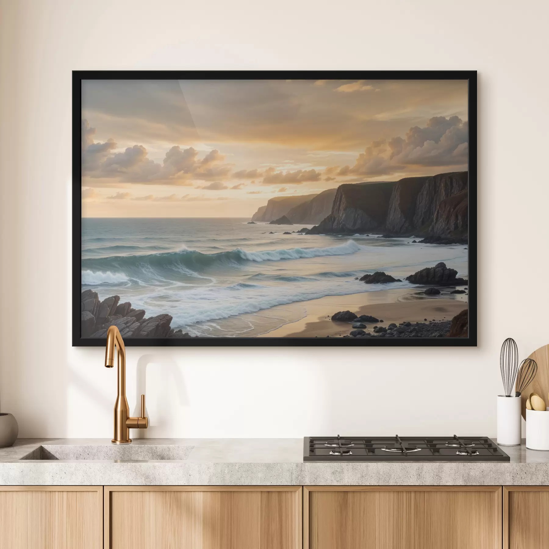 Fototapete Eine malerische Küstenlandschaft mit dramatischen Klippen, tosenden Wellen und einem farbenfrohen Sonnenuntergangshimmel f40176