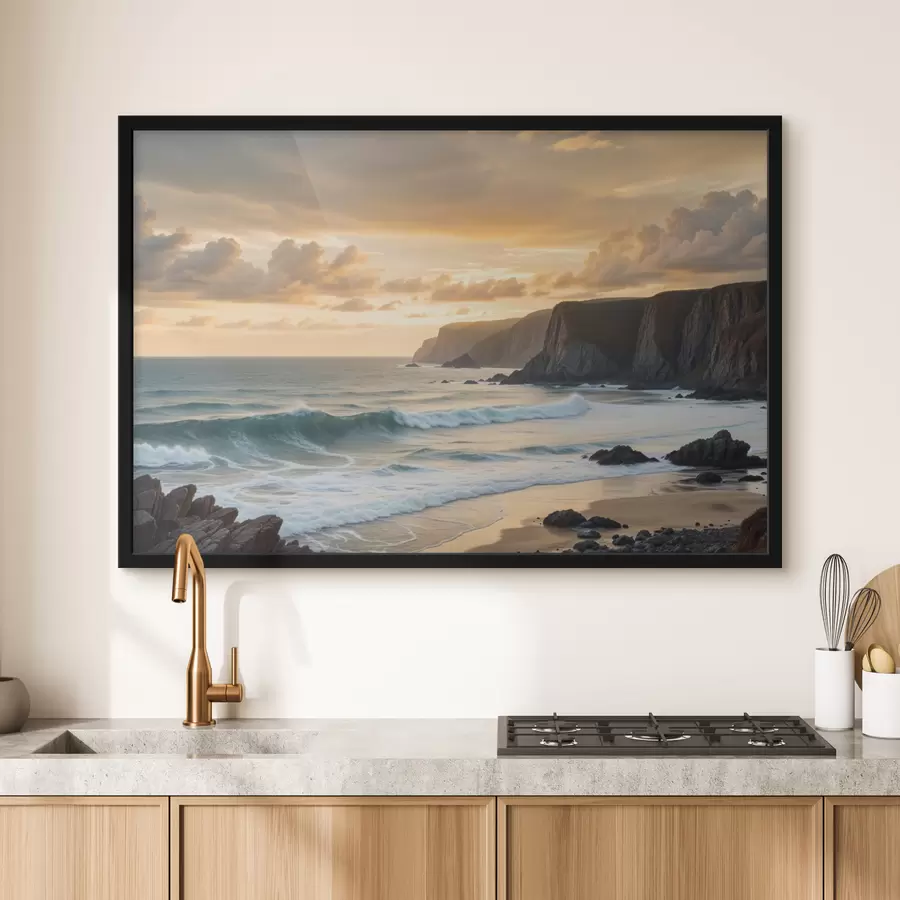 Fototapete Eine malerische Küstenlandschaft mit dramatischen Klippen, tosenden Wellen und einem farbenfrohen Sonnenuntergangshimmel f40176