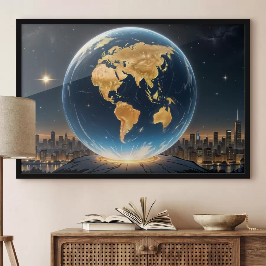 Fototapete Eine detaillierte, fotorealistische Darstellung des Planeten Erde, der in einer Weltraumlandschaft schwebt f40178