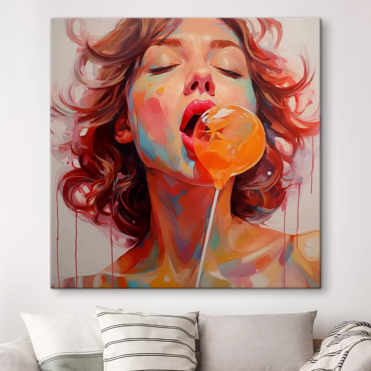 Wandbilder Mädchen mit lockigem Haar in leuchtenden Farben leckt Lutscher s40213