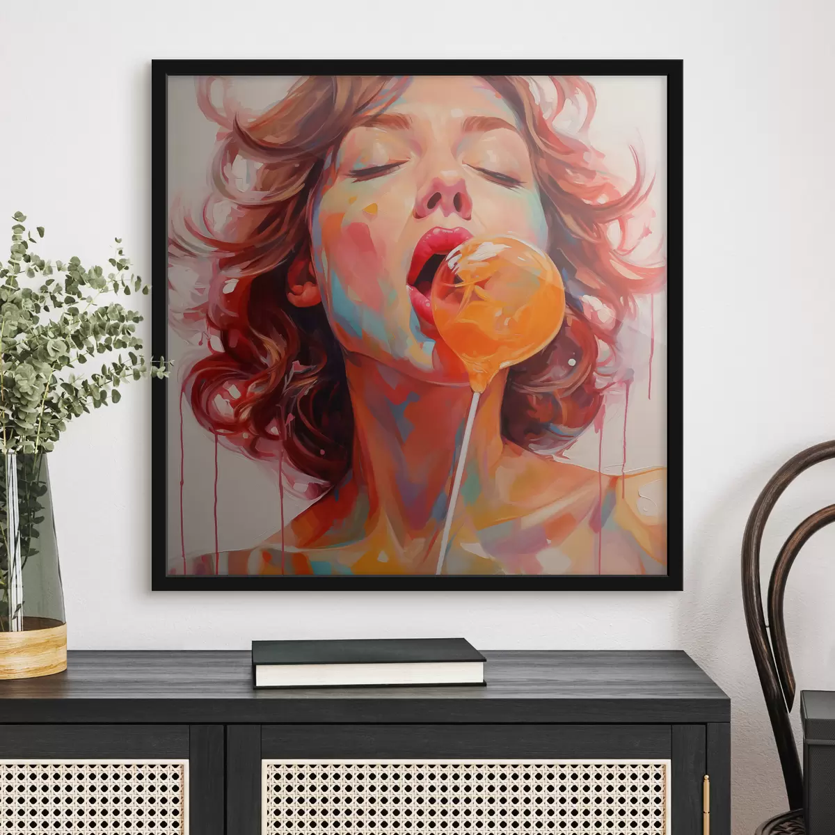 Poster Ein Mädchen mit lockigem Haar in hellen Farben leckt einen Lutscher f40213