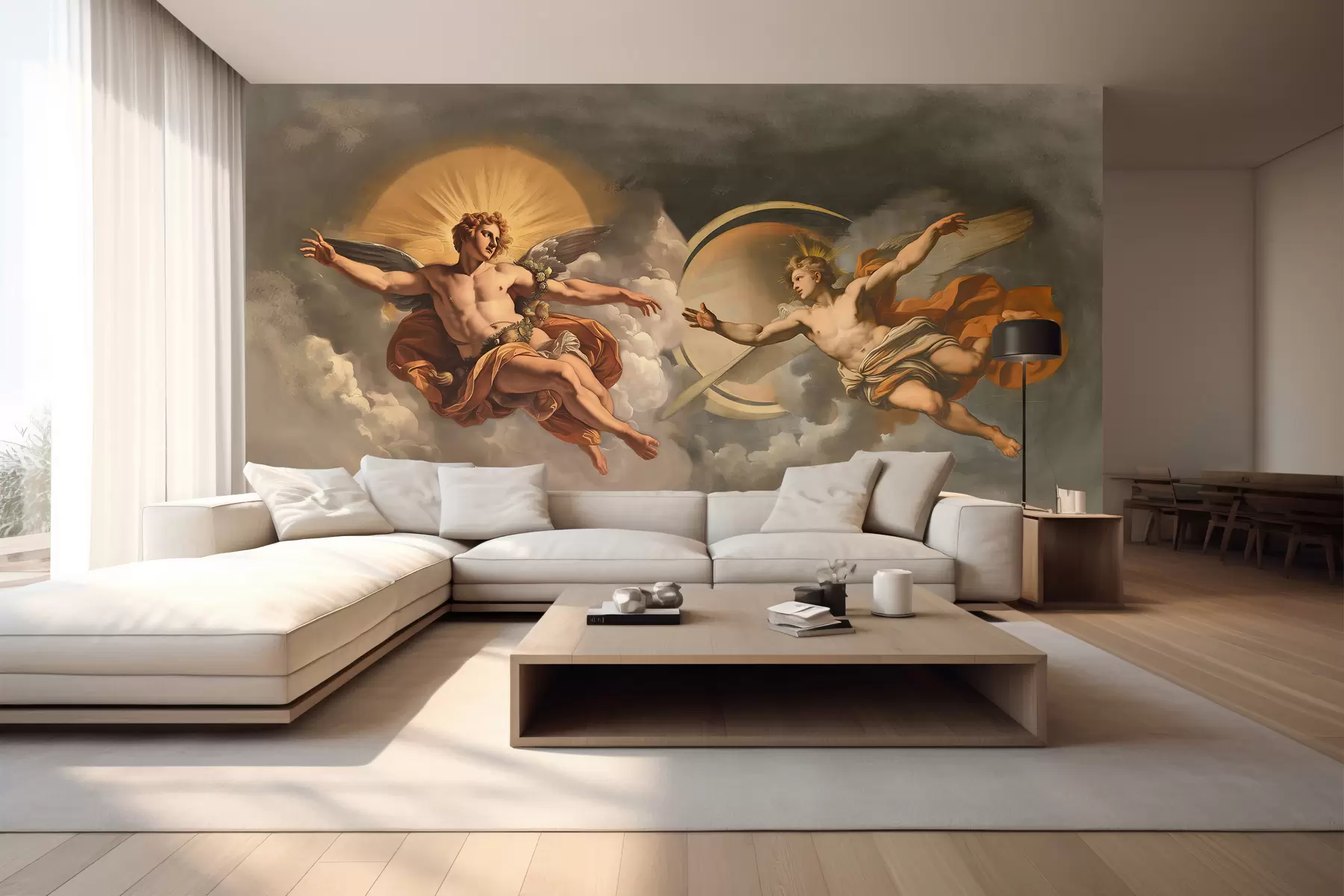 Fototapete Wandbild im Stil von Renaissancefresken in Beige- und Dunkeltönen. Zwei männliche Göttergestalten reichen sich die Hände. w08137