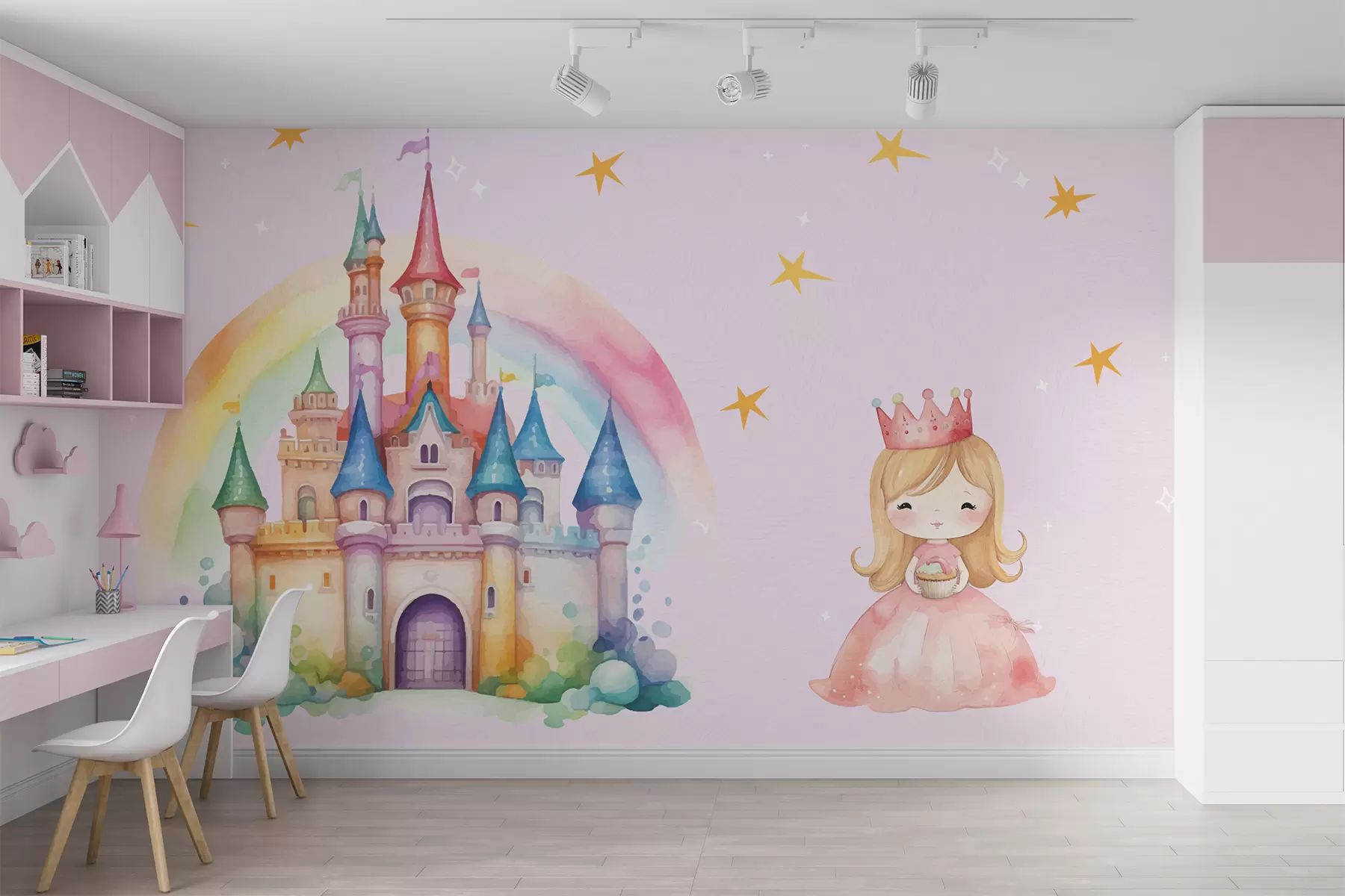 Fototapete Prinzessin und fantastisches Schloss mit Aquarellfarben w01397