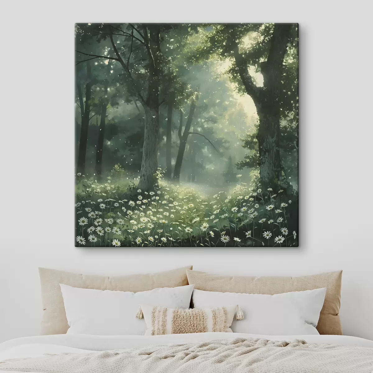 Wandbilder Dichter Wald mit Sonnenlicht in den Bäumen, Kamillenblüten, grünem Gras, Natur s40224