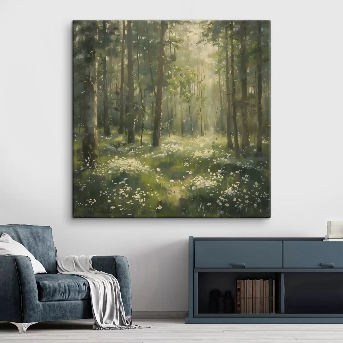 Wandbilder Wald mit Sonnenlicht in den Bäumen, Kamillenblüten, grünem Gras, Acrylzeichnung s40226