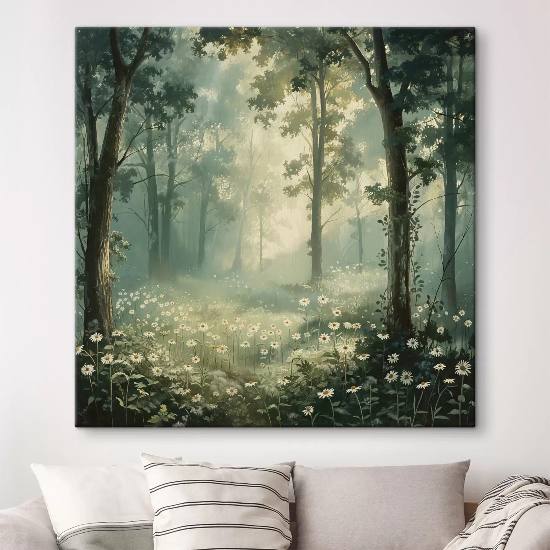 Wandbilder Wald mit sanftem Sonnenlicht, Kamillenblüten, Bäumen, grünem Gras, Acrylzeichnung s40228