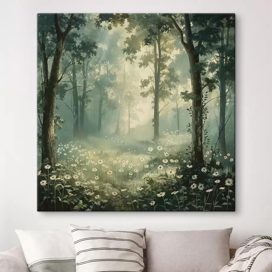 Wandbilder Wald mit sanftem Sonnenlicht, Kamillenblüten, Bäumen, grünem Gras, Acrylzeichnung s40228