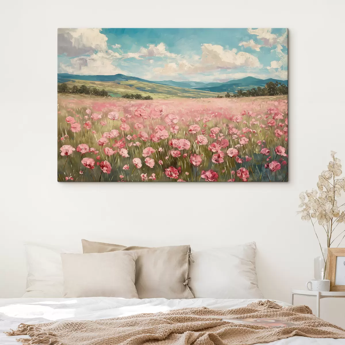 Wandbilder Wiese mit rosa Blumen, Berge, Naturlandschaft, blauer Himmel mit Wolken, Acryl s40232