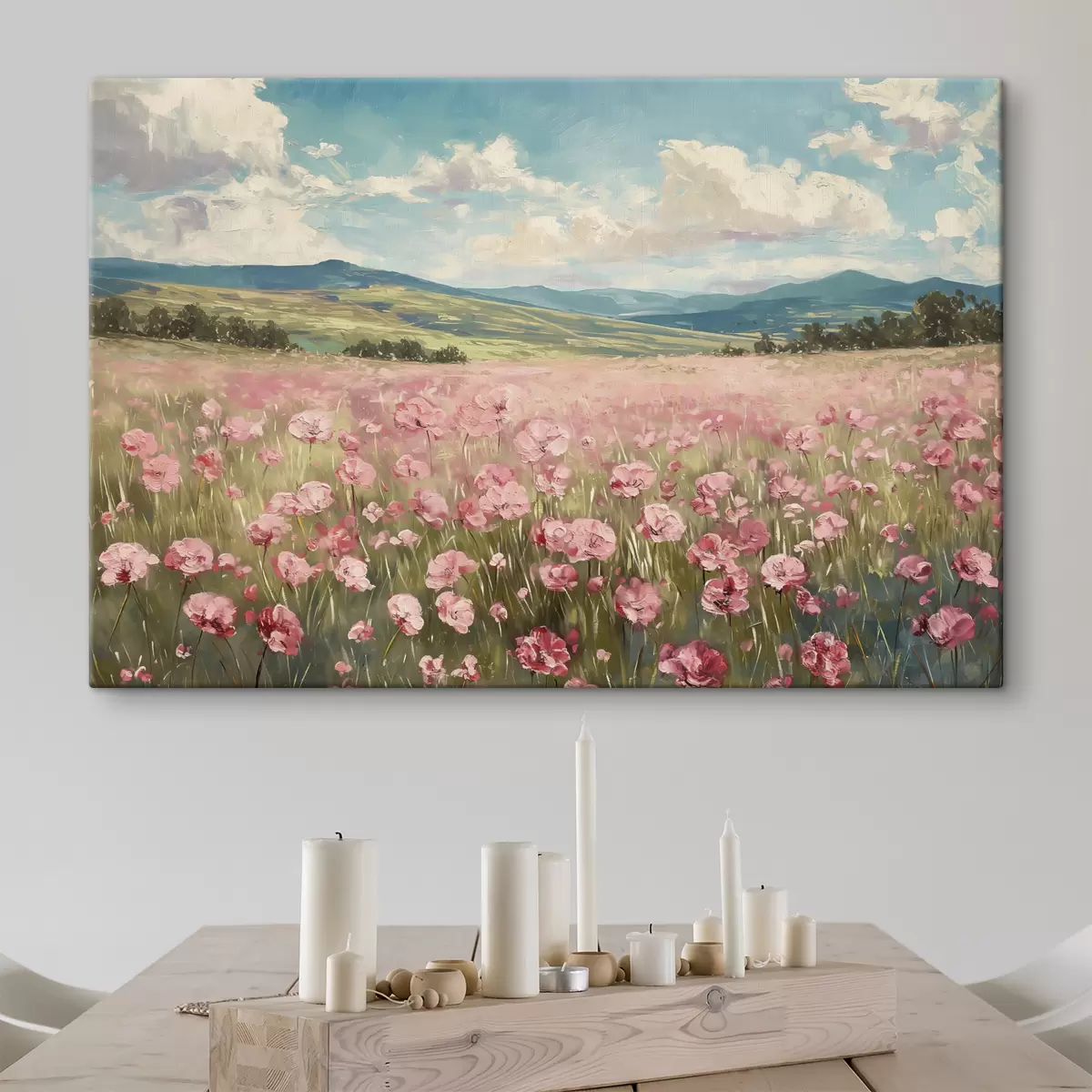 Wandbilder Wiese mit rosa Blumen, Berge, Naturlandschaft, blauer Himmel mit Wolken, Acryl s40232