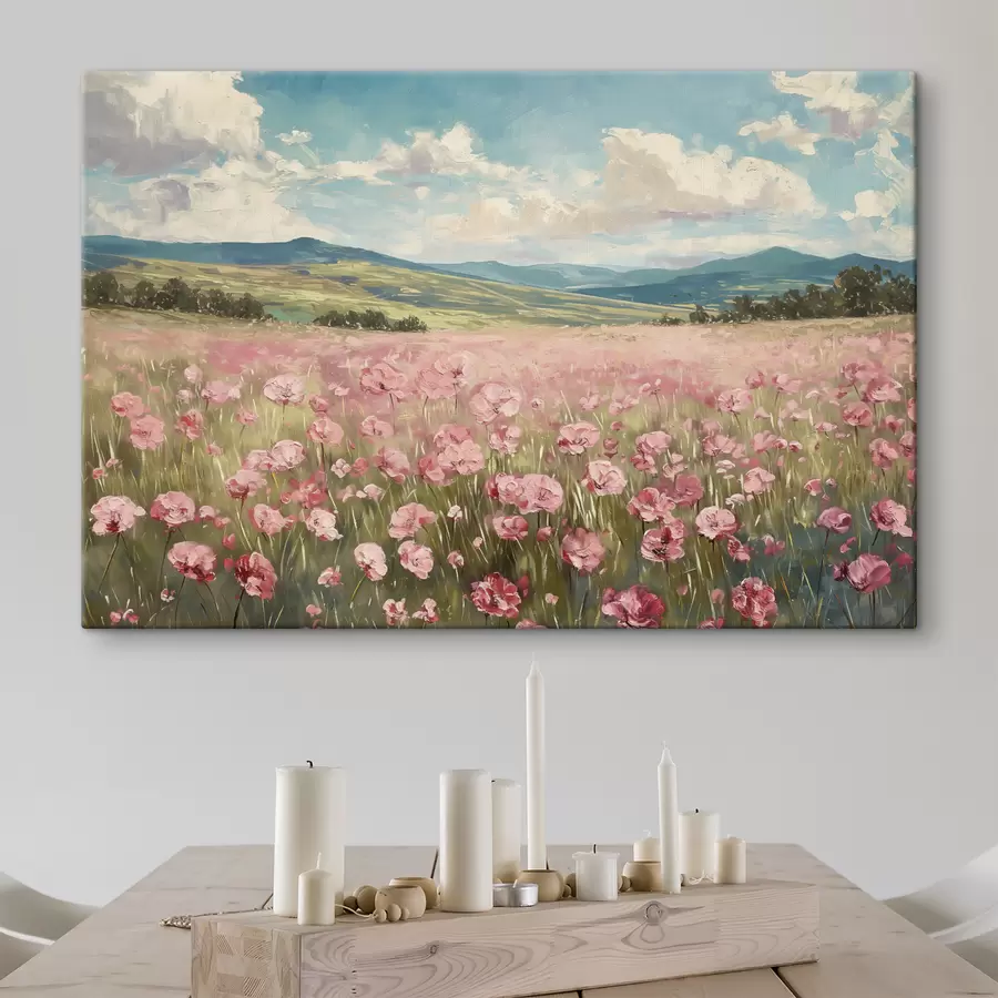 Wandbilder Wiese mit rosa Blumen, Berge, Naturlandschaft, blauer Himmel mit Wolken, Acryl s40232