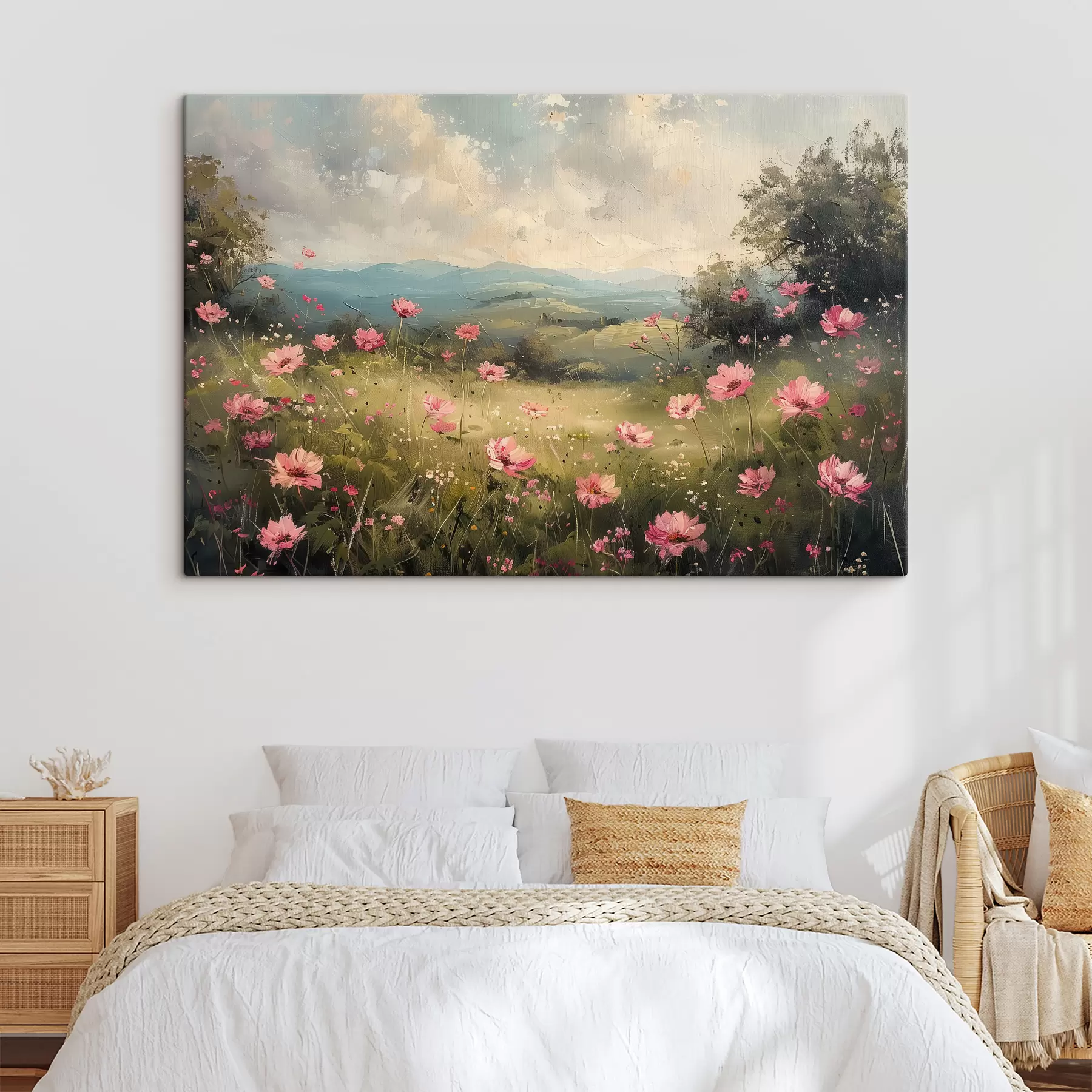 Fototapete Wiese mit rosa Blumen, grünem Gras, Naturlandschaft, Himmel mit Wolken, Acrylzeichnung s40234