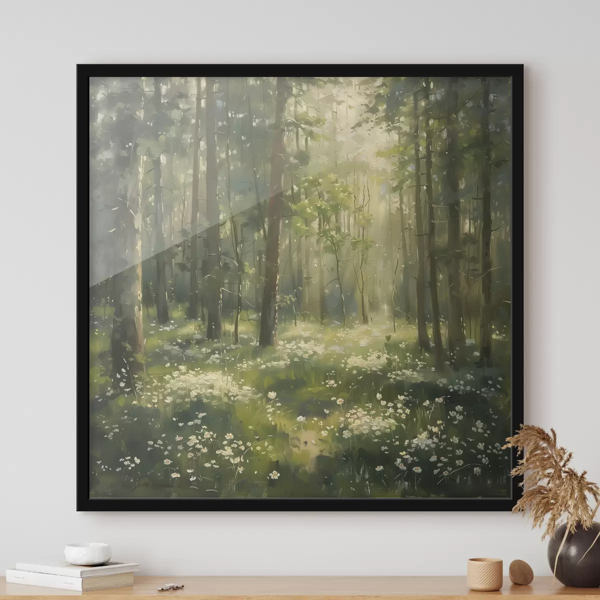 Poster Wald mit Sonnenlicht in den Bäumen, Kamillenblüten, grünem Gras, Acrylzeichnung f40226