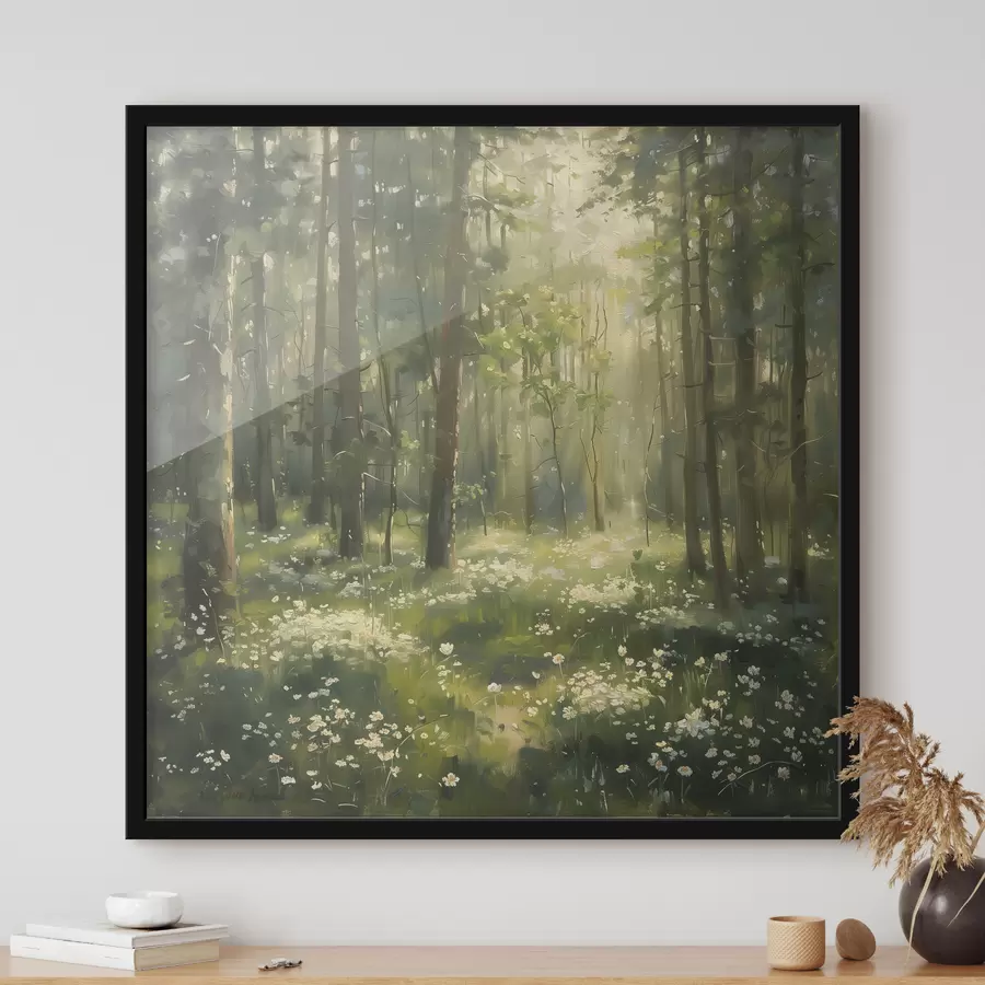 Wandbilder Wald mit Sonnenlicht in den Bäumen, Kamillenblüten, grünem Gras, Acrylzeichnung f40226