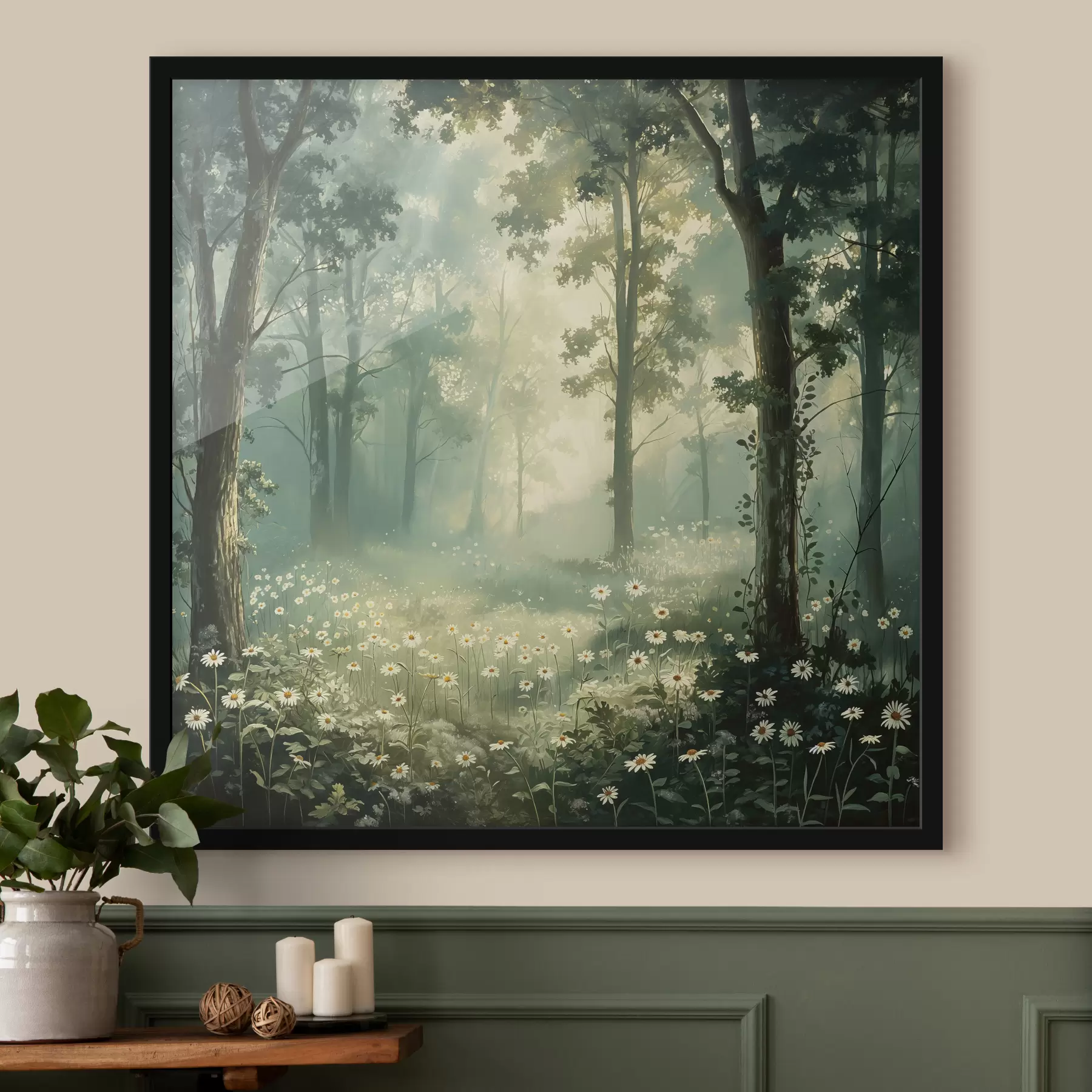 Wandbilder Wald mit sanftem Sonnenlicht, Kamillenblüten, Bäumen, grünem Gras, Acrylzeichnung f40228