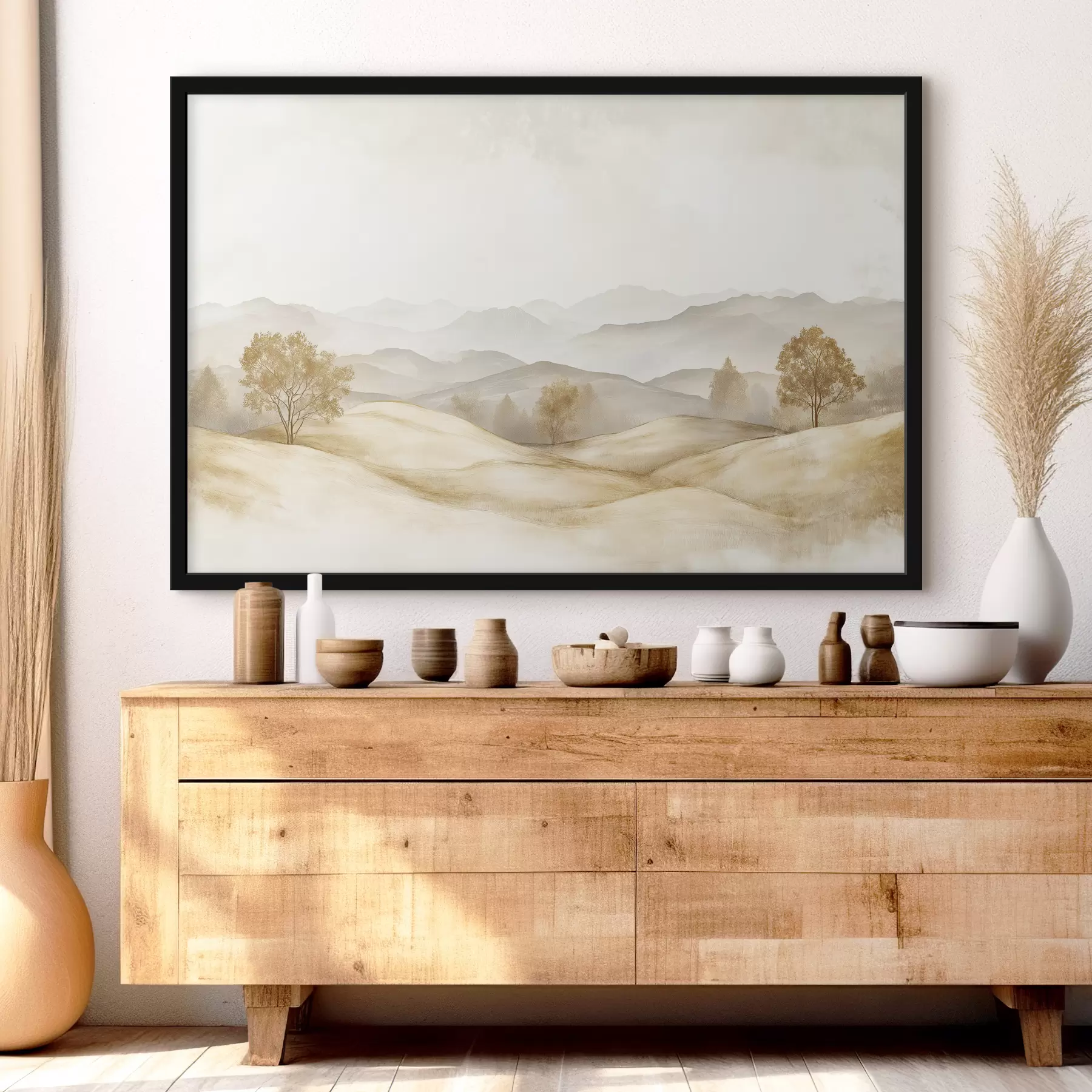 Wandbilder Naturlandschaft in beiger Farbpalette, Wiese, Bäume, Aquarellzeichnung f40231