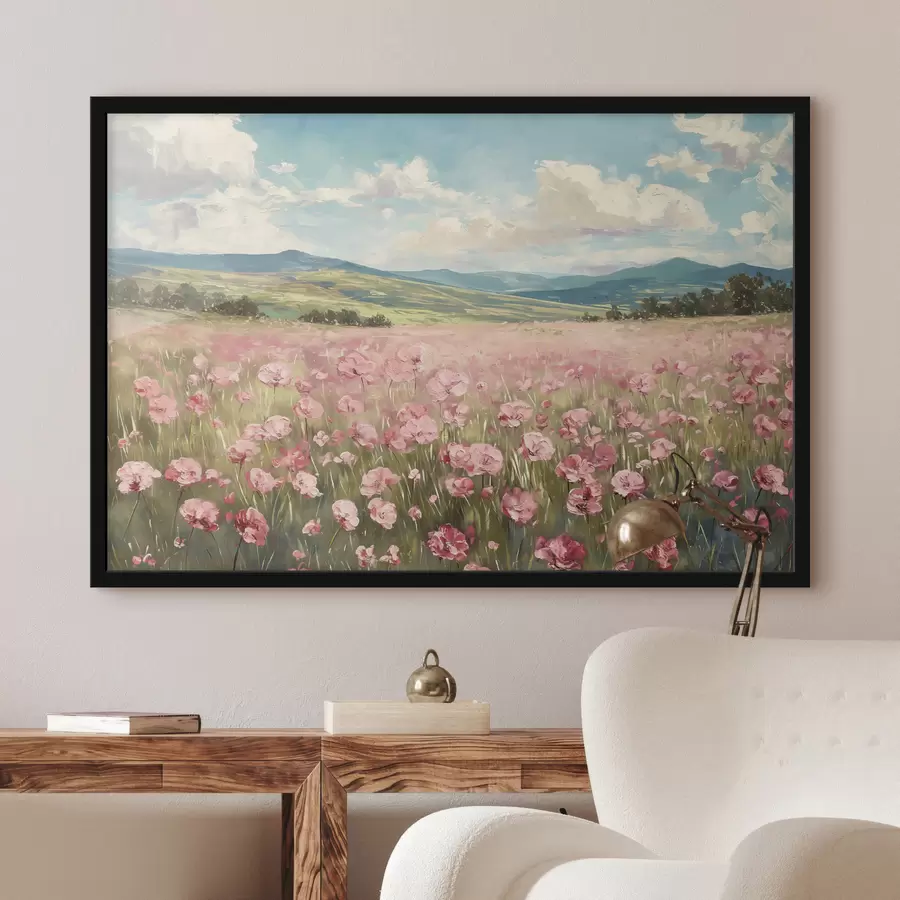 Fototapete Wiese mit rosa Blumen, Berge, Naturlandschaft, blauer Himmel mit Wolken, Acryl f40232
