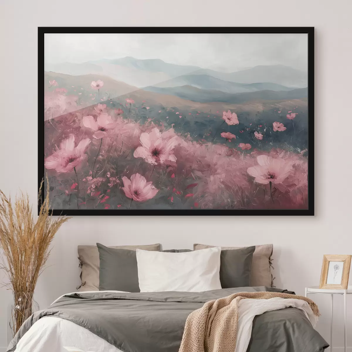 Poster Rosa Blumen auf der Wiese, Naturlandschaft, Berge, Ölgemälde, lebendige Pinselstriche f40233