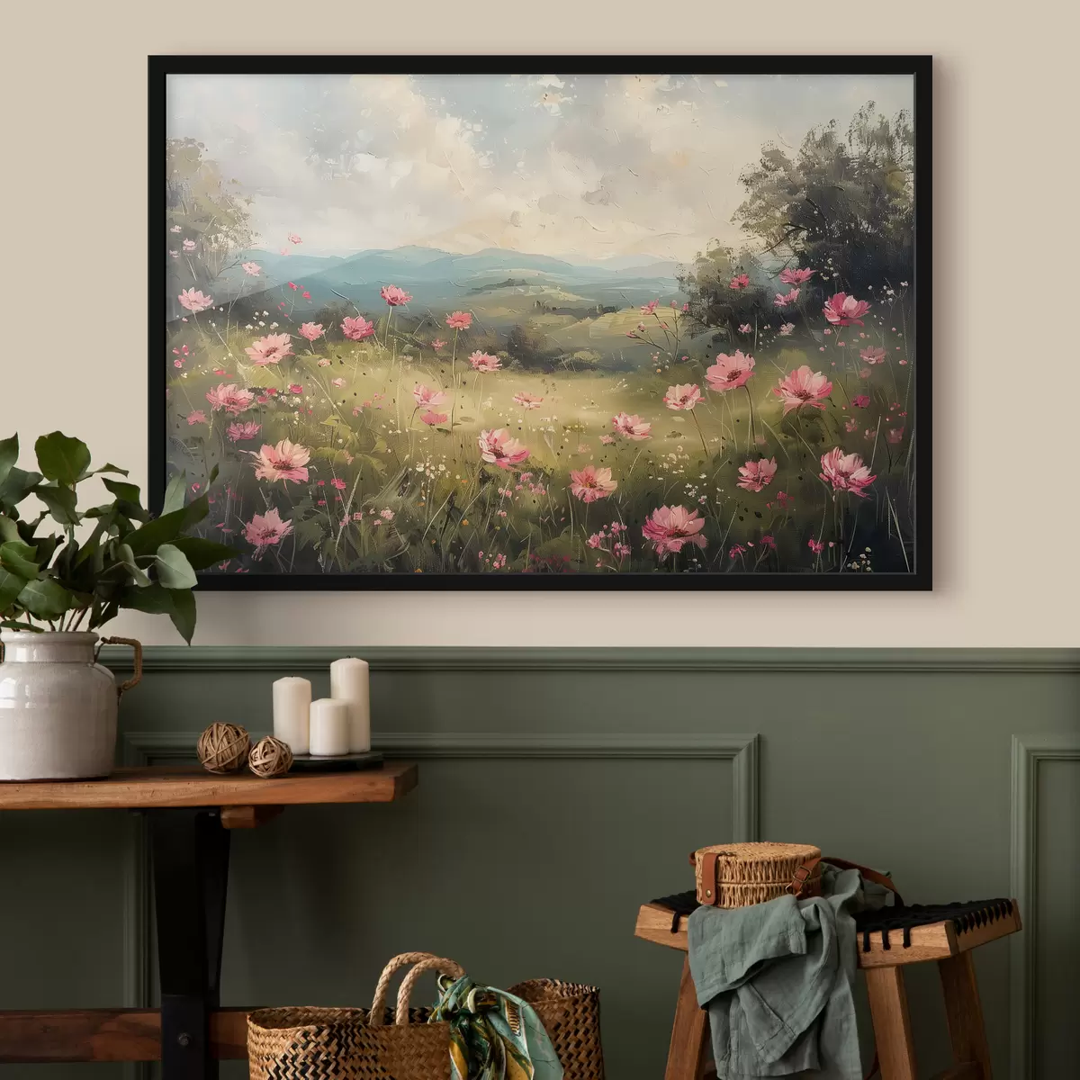 Poster Wiese mit rosa Blumen, grünem Gras, Naturlandschaft, Himmel mit Wolken, Acrylzeichnung f40234