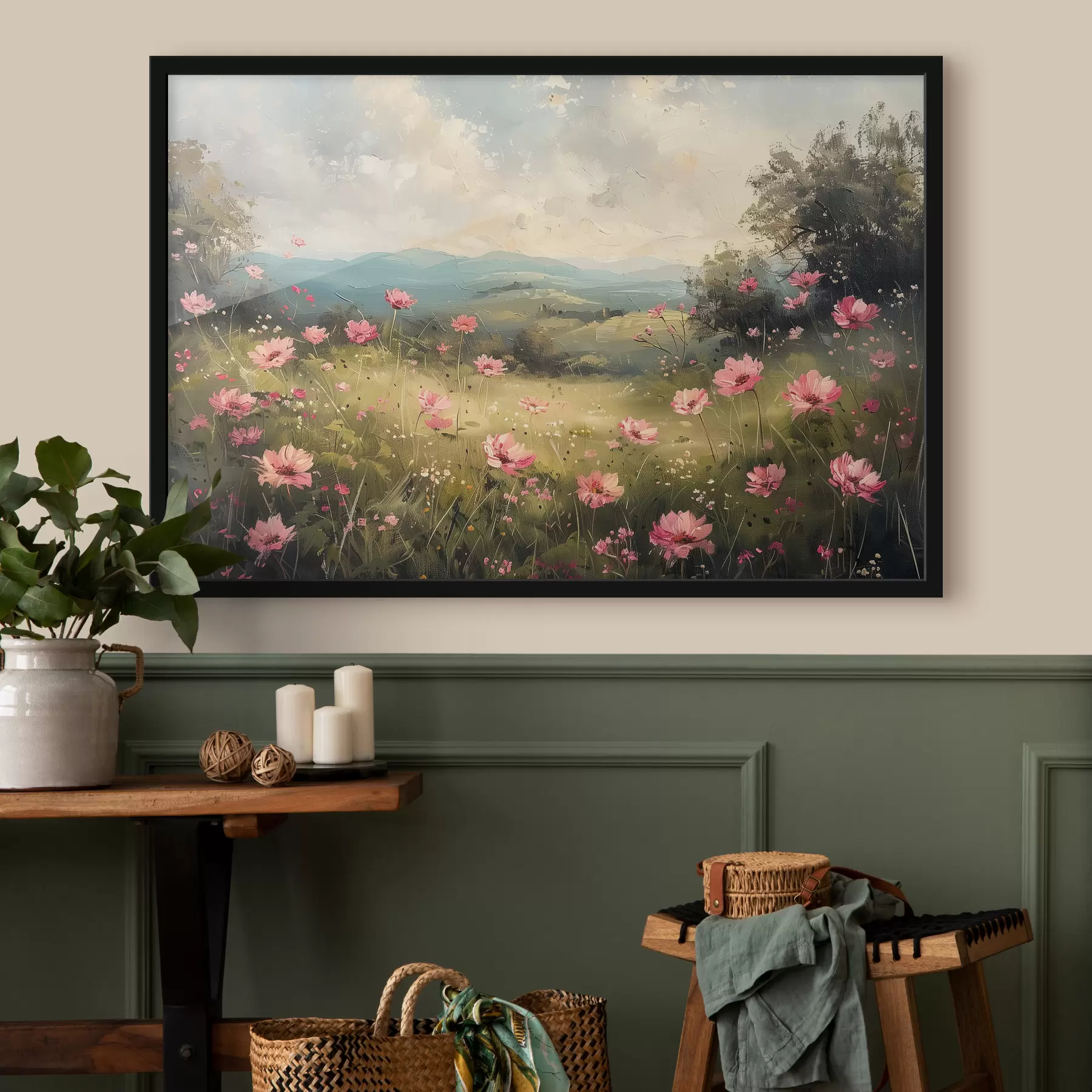 Fototapete Wiese mit rosa Blumen, grünem Gras, Naturlandschaft, Himmel mit Wolken, Acrylzeichnung f40234