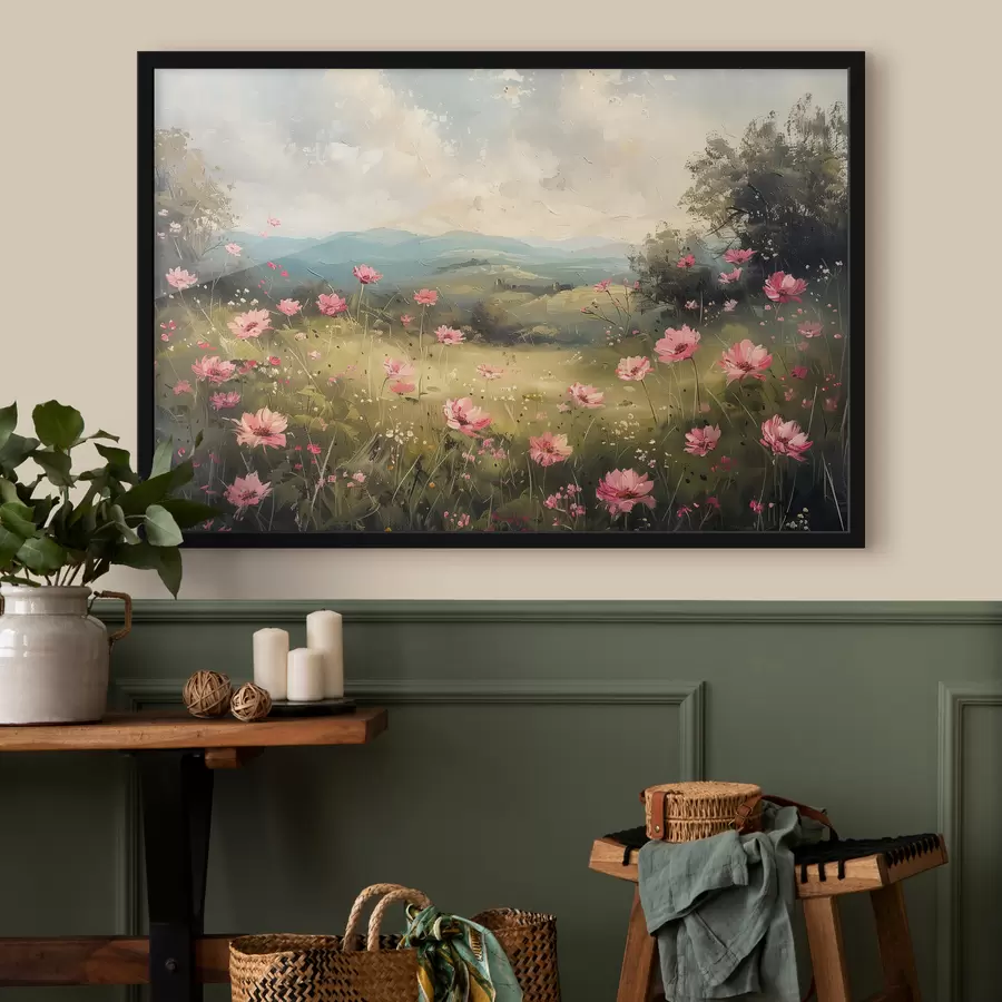 Fototapete Wiese mit rosa Blumen, grünem Gras, Naturlandschaft, Himmel mit Wolken, Acrylzeichnung f40234