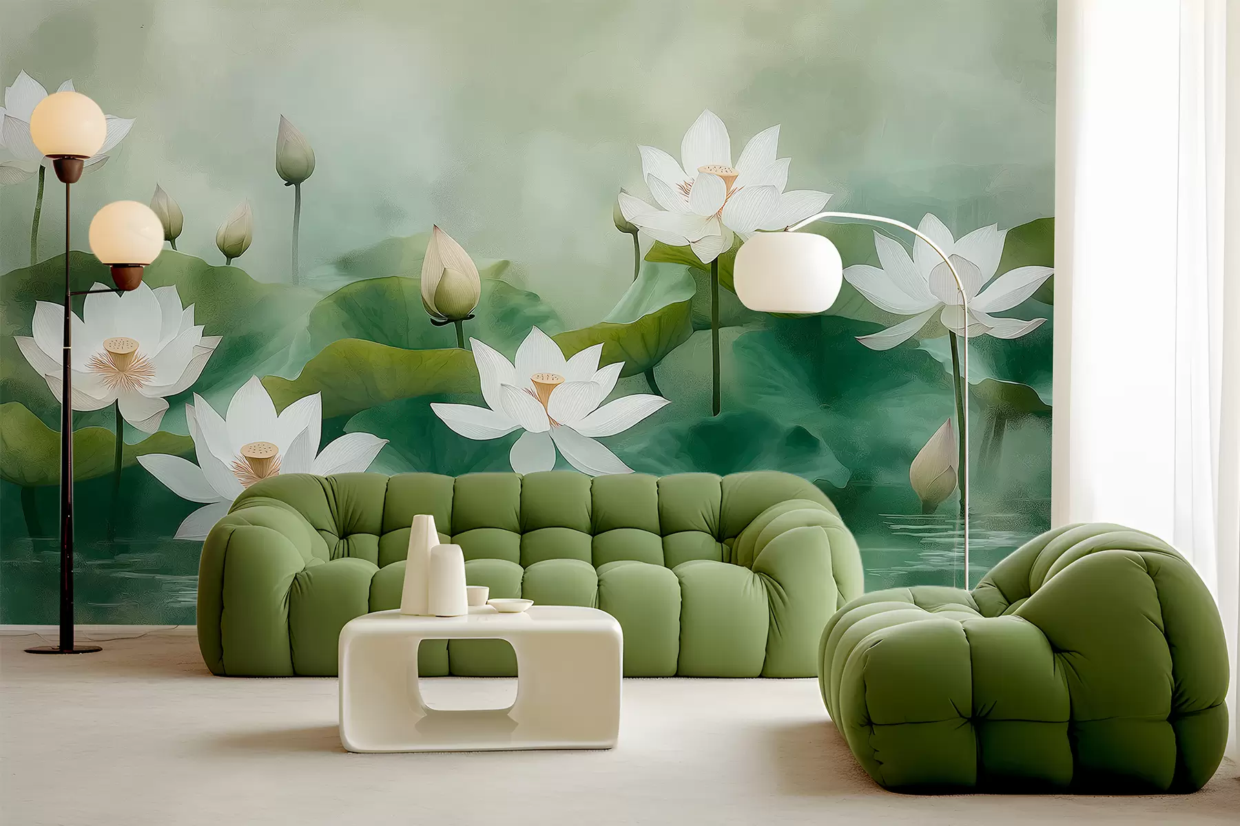Fototapete Lotusblumen im See, Natur, Nebel, Acrylzeichnung, große Blätter, Dschungel, sanfte Naturfarben w01450