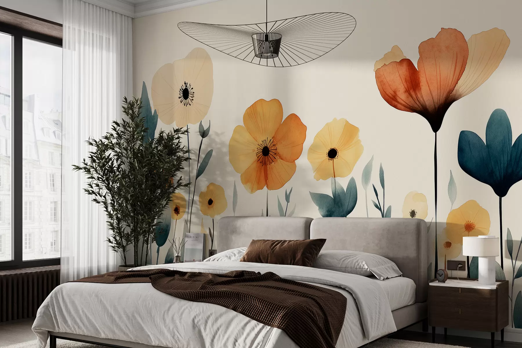 Fototapete Aquarell Wiesenblumen, rustikal, florale Komposition, einfache Zeichnung, Beige, Orange, Blau w01453