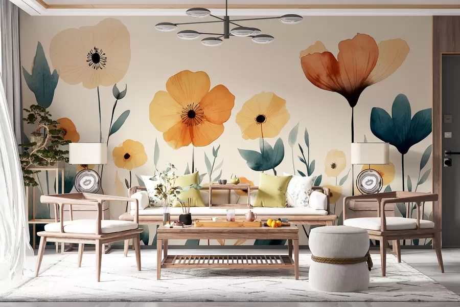 Fototapete Aquarell Wiesenblumen, rustikal, florale Komposition, einfache Zeichnung, Beige, Orange, Blau w01453