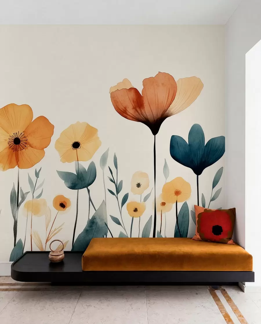 Fototapete Aquarell Wiesenblumen, rustikal, florale Komposition, einfache Zeichnung, Beige, Orange, Blau w01453
