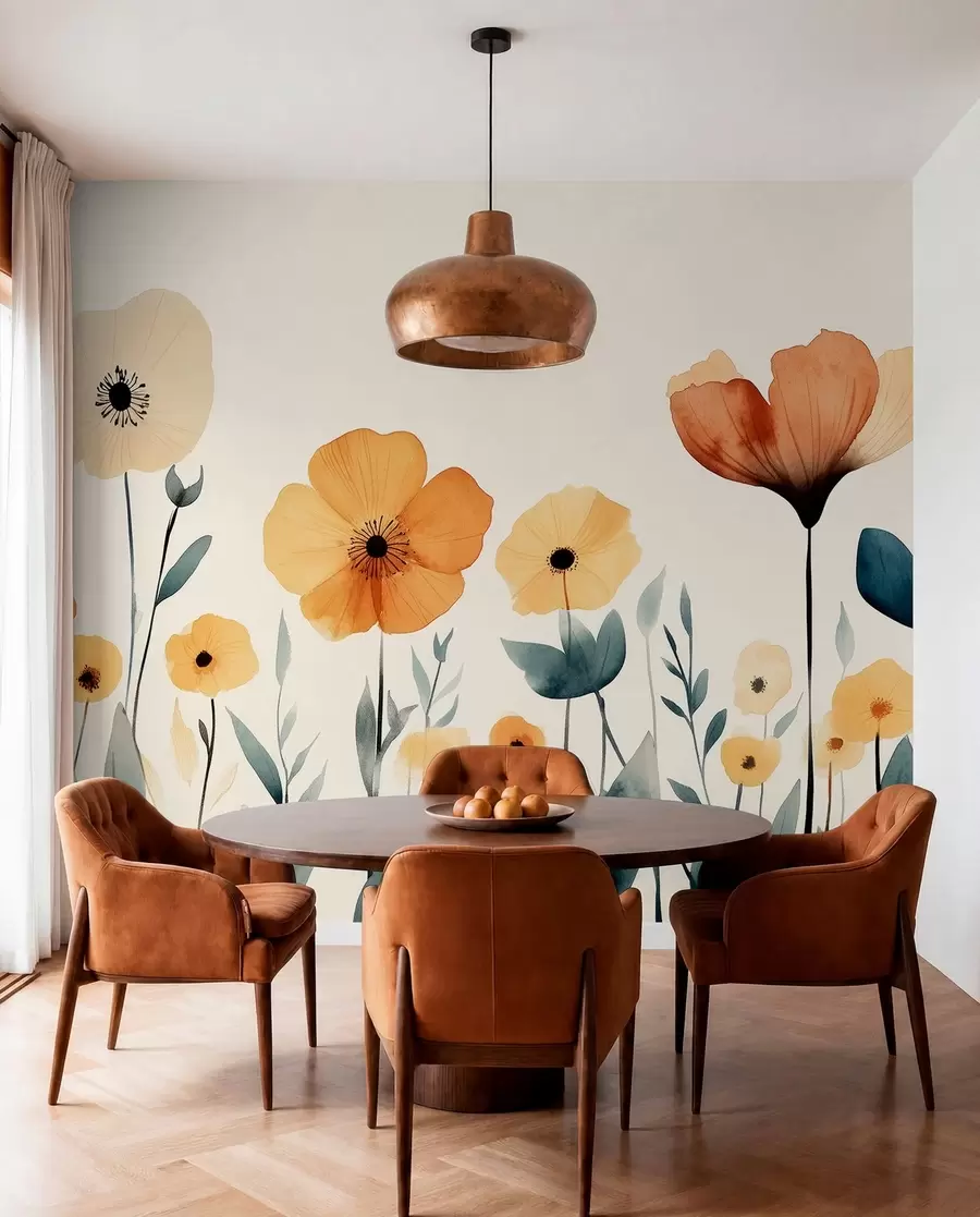 Fototapete Aquarell Wiesenblumen, rustikal, florale Komposition, einfache Zeichnung, Beige, Orange, Blau w01453