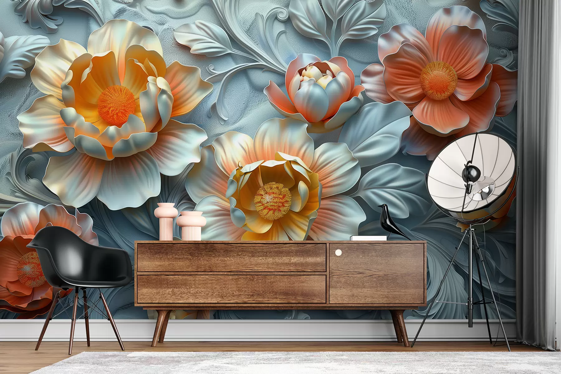 Fototapete 3D-Illustration abstrakter heller Blumen im Barockstil auf einem Pflanzenhintergrund w01427