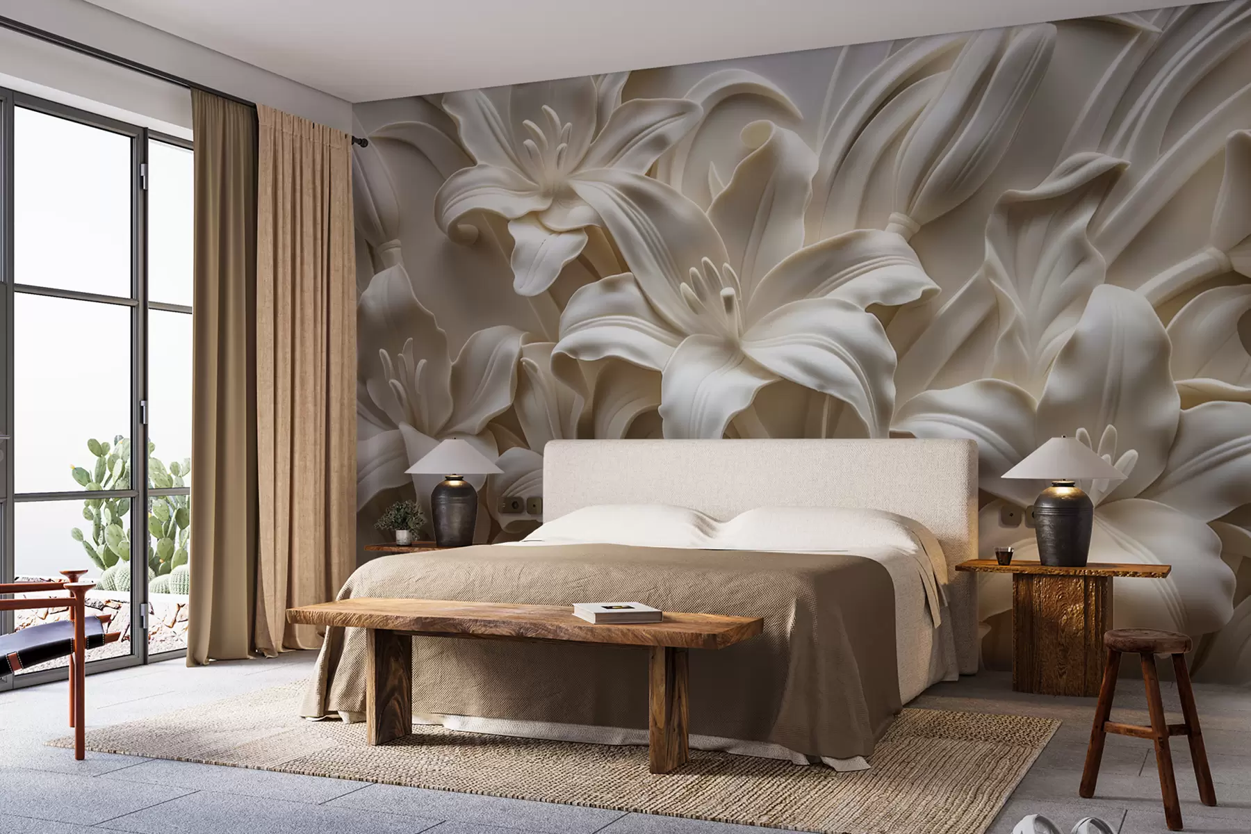 Fototapete Elegantes beiges 3D-Relief aus geschnitzten Lilien w01433