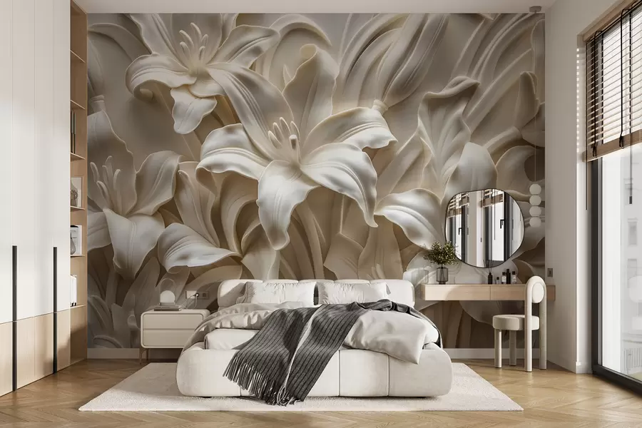 Fototapete Elegantes beiges 3D-Relief aus geschnitzten Lilien w01433