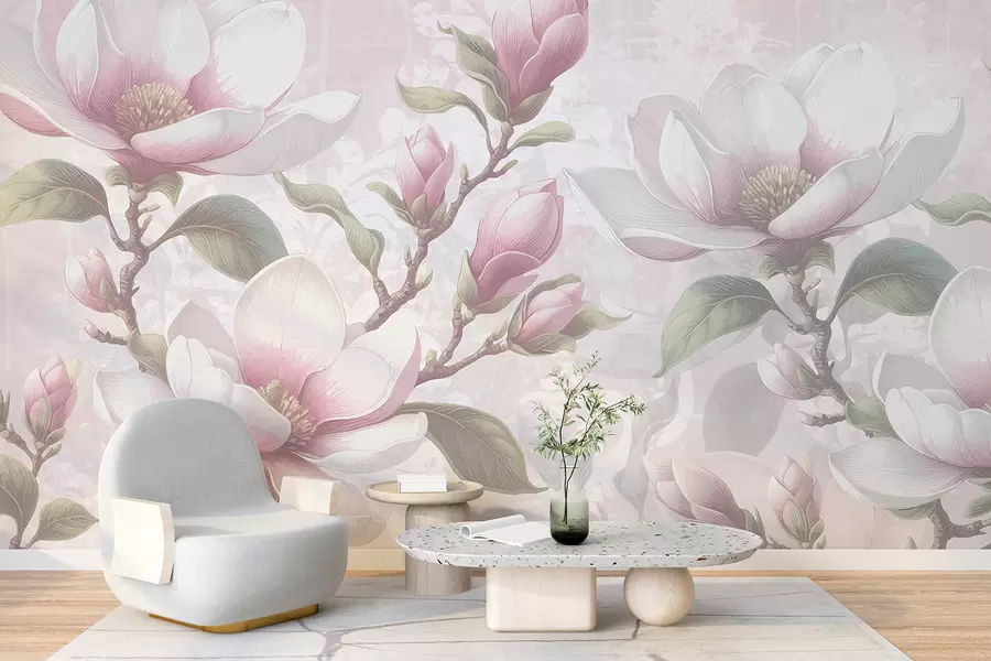 Fototapete Zarte rosa Magnolienblüten in voller Blüte vor einem weichen, unscharfen Hintergrund w08216