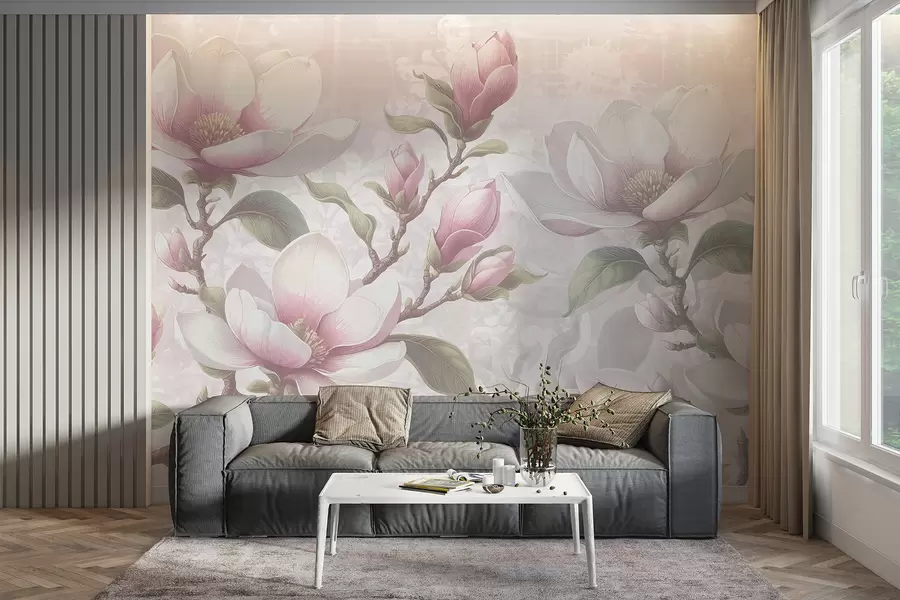 Fototapete Zarte rosa Magnolienblüten in voller Blüte vor einem weichen, unscharfen Hintergrund w08216
