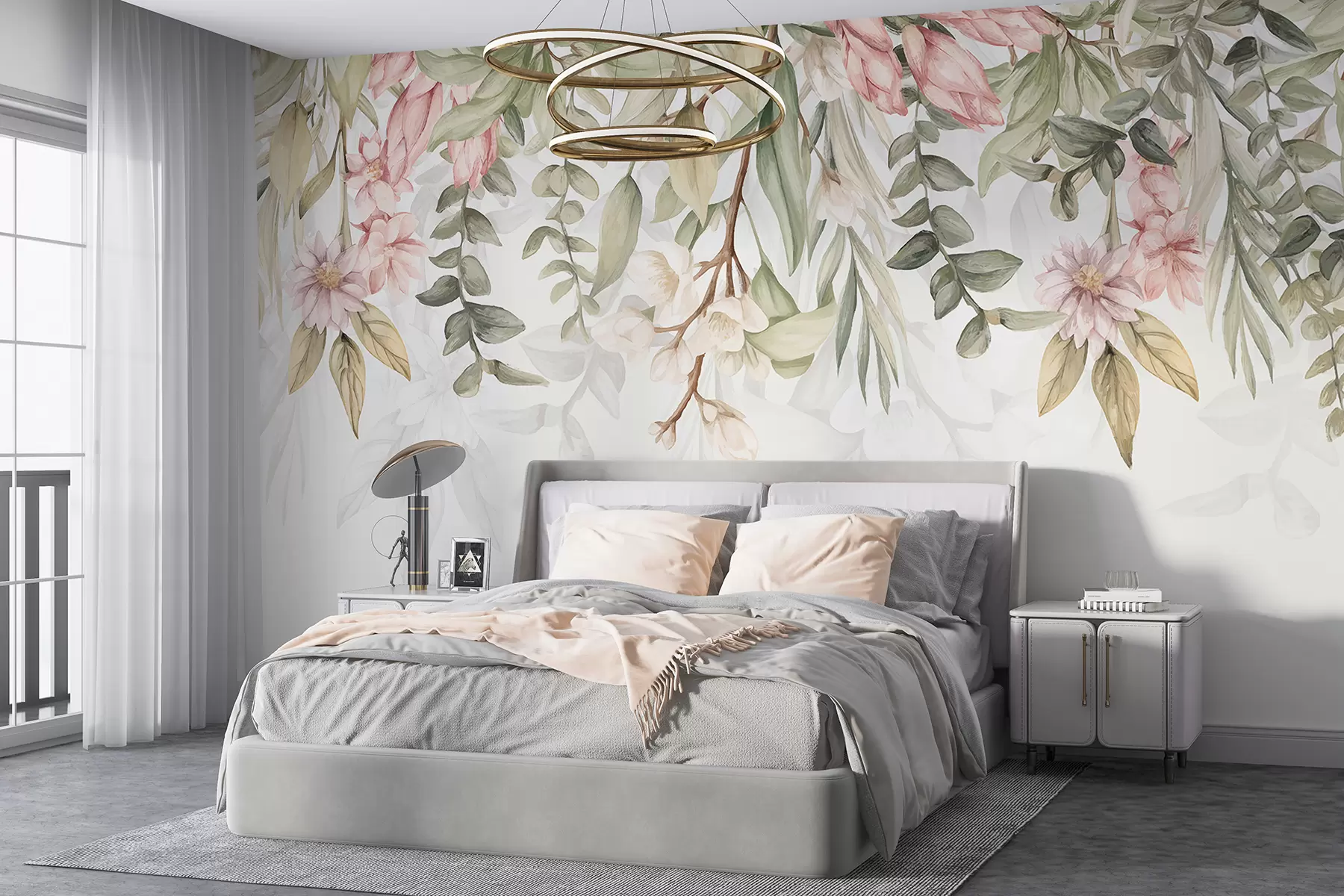 Fototapete Zarte rosa und weiße Blüten mit grünen Blättern und Stielen vor hellem Hintergrund w08222