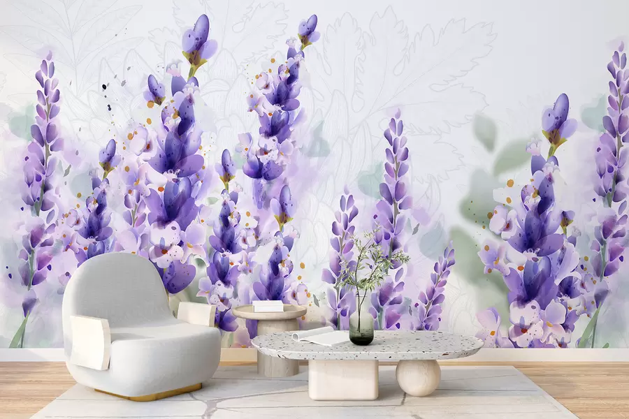 Fototapete Lila Lavendelblüten auf einem Feld mit weichem Fokus und unscharfem Hintergrund w08231