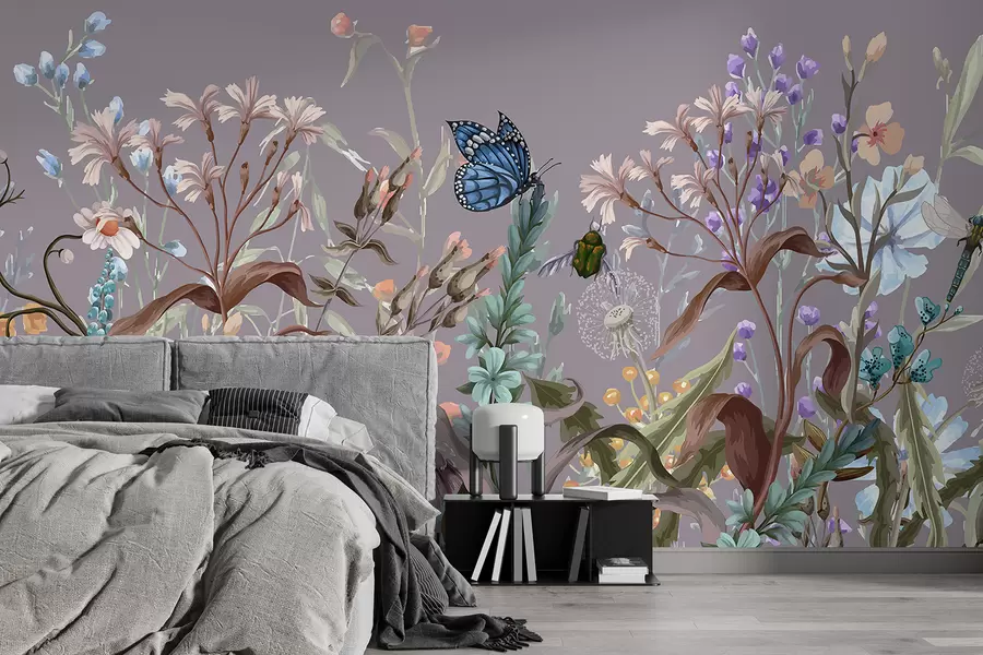 Fototapete Eine farbenfrohe violette Illustration einer üppigen Blumengartenszene mit Insekten in einem traumhaften, fantastischen Stil w08234v1
