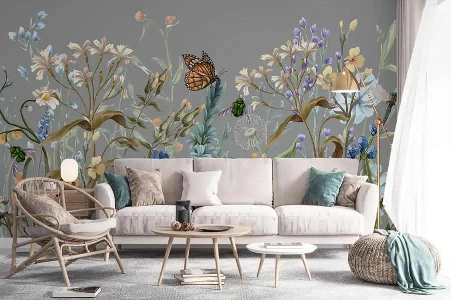 Fototapete Eine farbenfrohe blaue Illustration einer üppigen Blumengartenszene mit Insekten in einem traumhaften, fantastischen Stil w08234