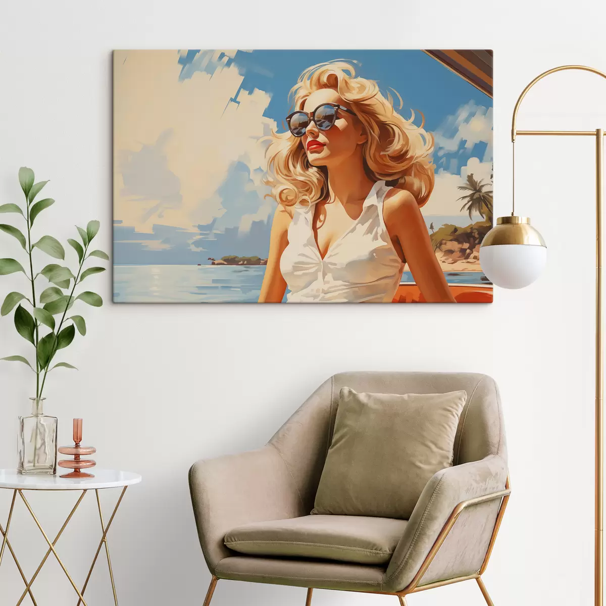 Wandbilder Blondes Mädchen auf dem Meer Hintergrund Illustration s40321