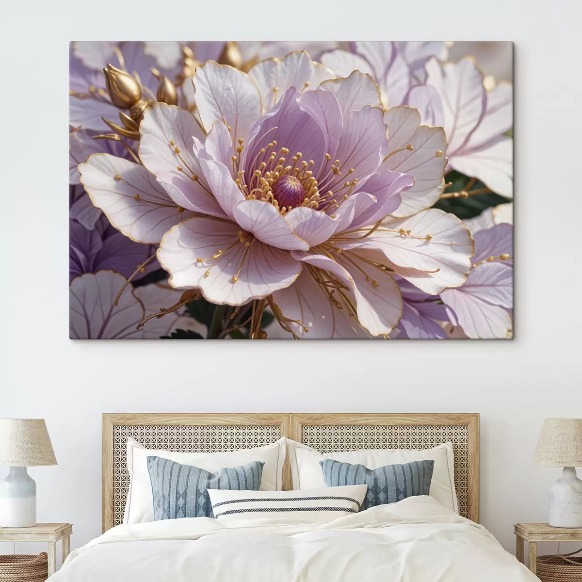 Wandbilder Eine Nahaufnahme einer großen, blassrosa Pfingstrose mit zarten Blütenblättern und einer leuchtend gelben Mitte s40384