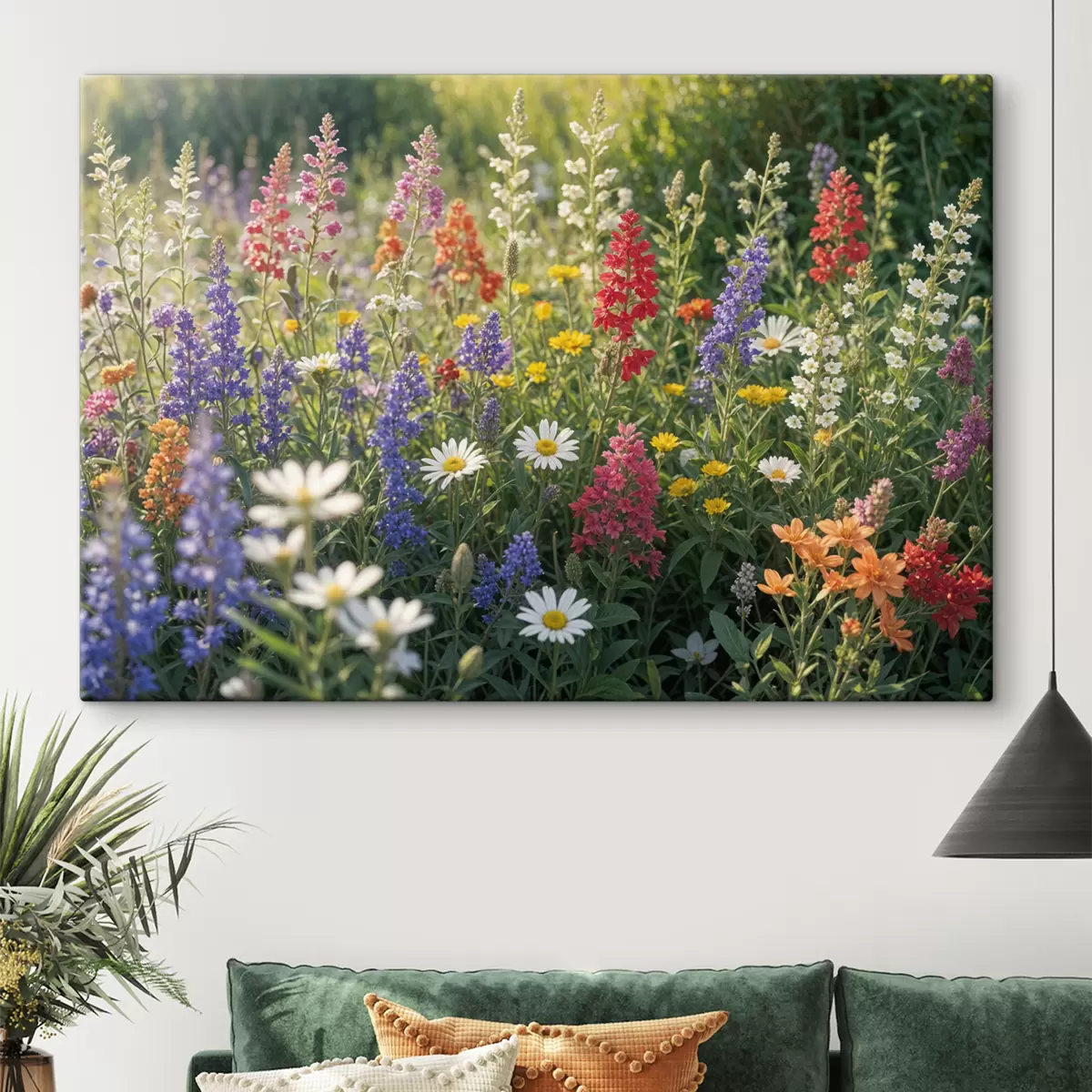 Wandbilder Eine farbenfrohe Wildblumenwiese mit verschiedenen blühenden Blumen, darunter Gänseblümchen, Lavendel und rote Blumen s40390