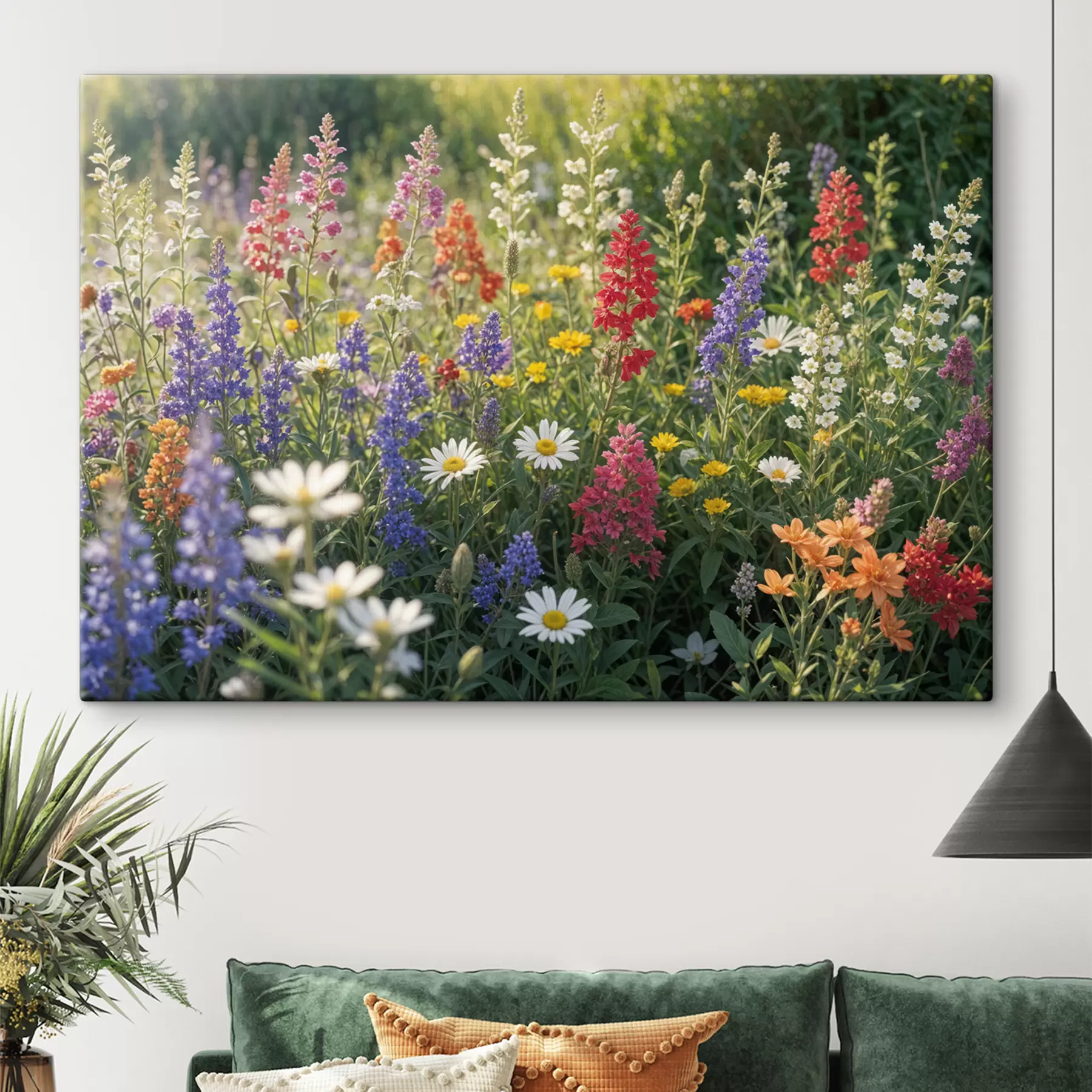 Fototapete Eine farbenfrohe Wildblumenwiese mit verschiedenen blühenden Blumen, darunter Gänseblümchen, Lavendel und rote Blumen s40390