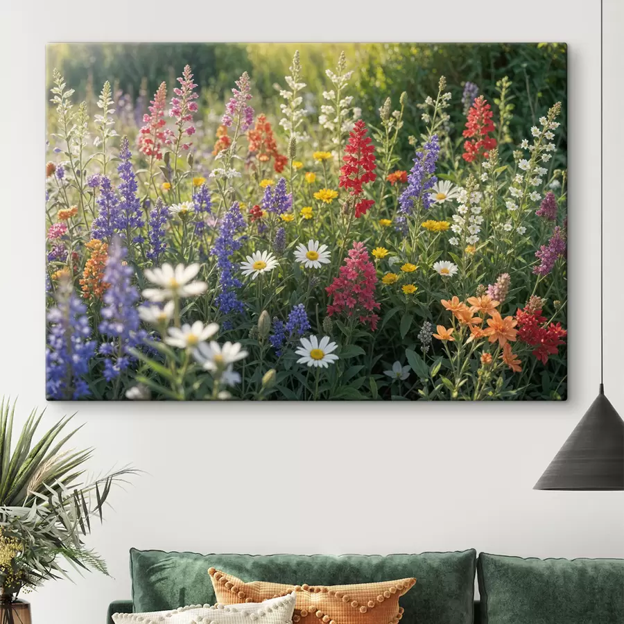 Fototapete Eine farbenfrohe Wildblumenwiese mit verschiedenen blühenden Blumen, darunter Gänseblümchen, Lavendel und rote Blumen s40390